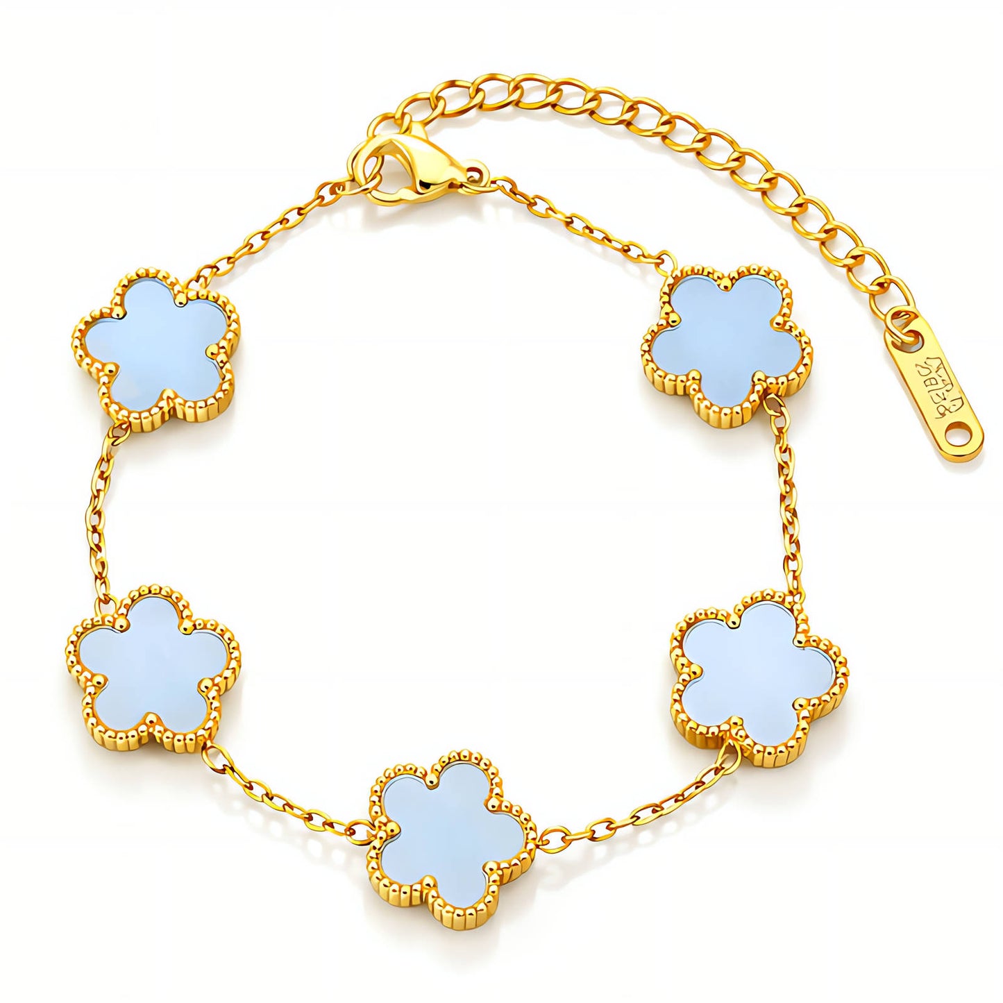 Gold Flower Clover Bracelet Light Blue Inlay