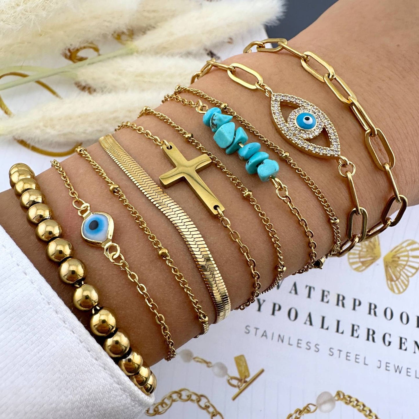 Gold Evil Eye Bracelet Set Layered Paperclip Chain