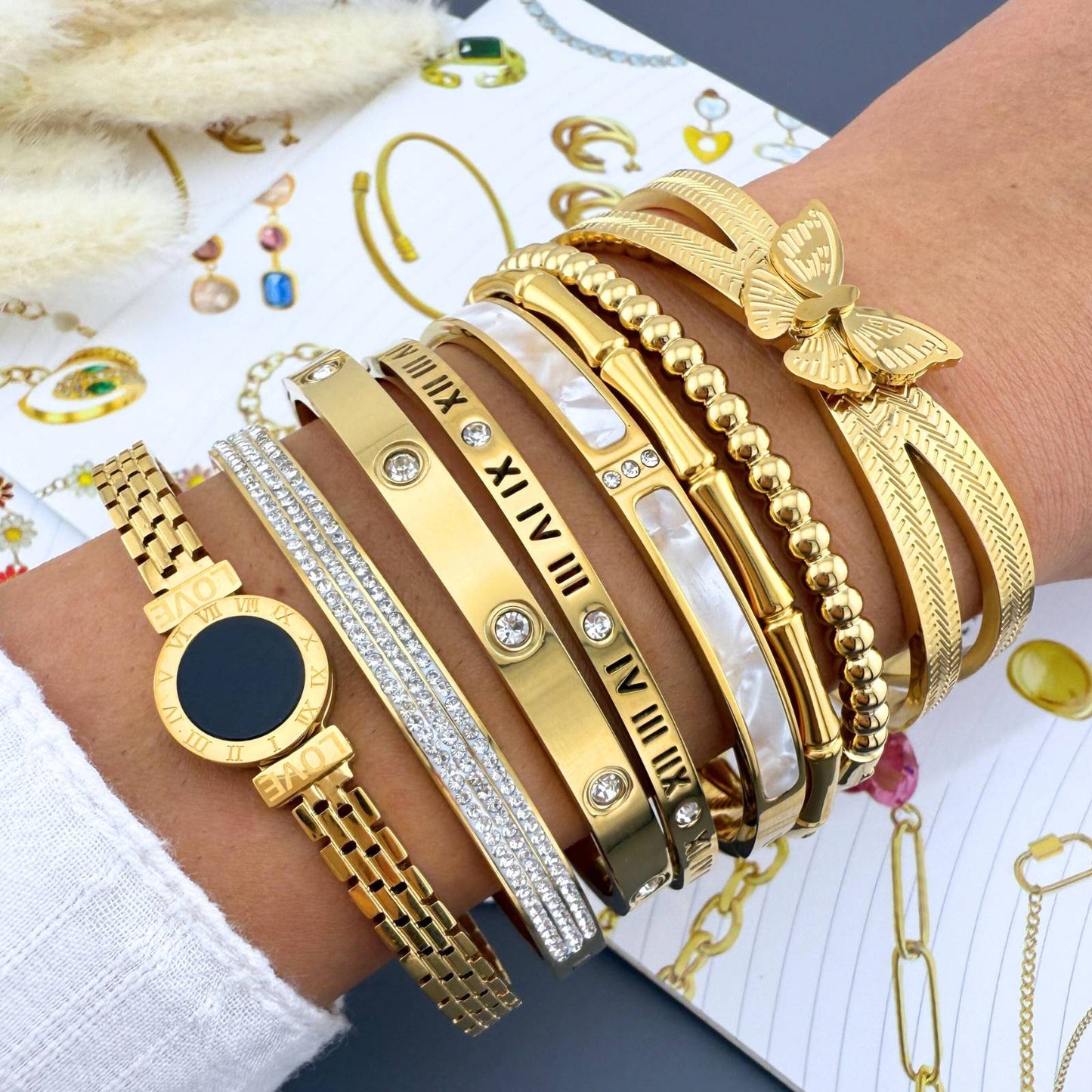 Gold Crystal Inlaid Bangle Bracelet Love Cuff