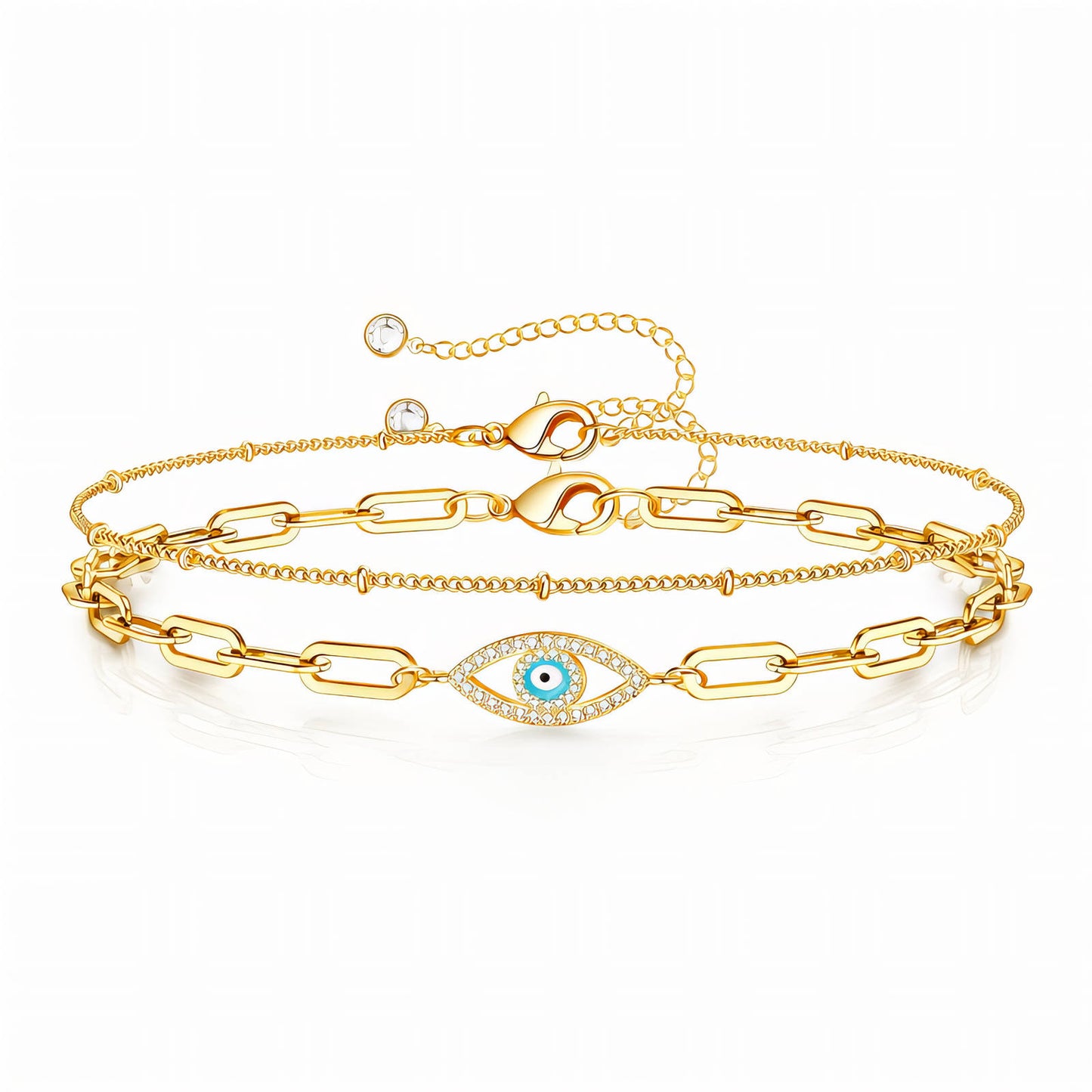Gold Evil Eye Bracelet Set Layered Paperclip Chain