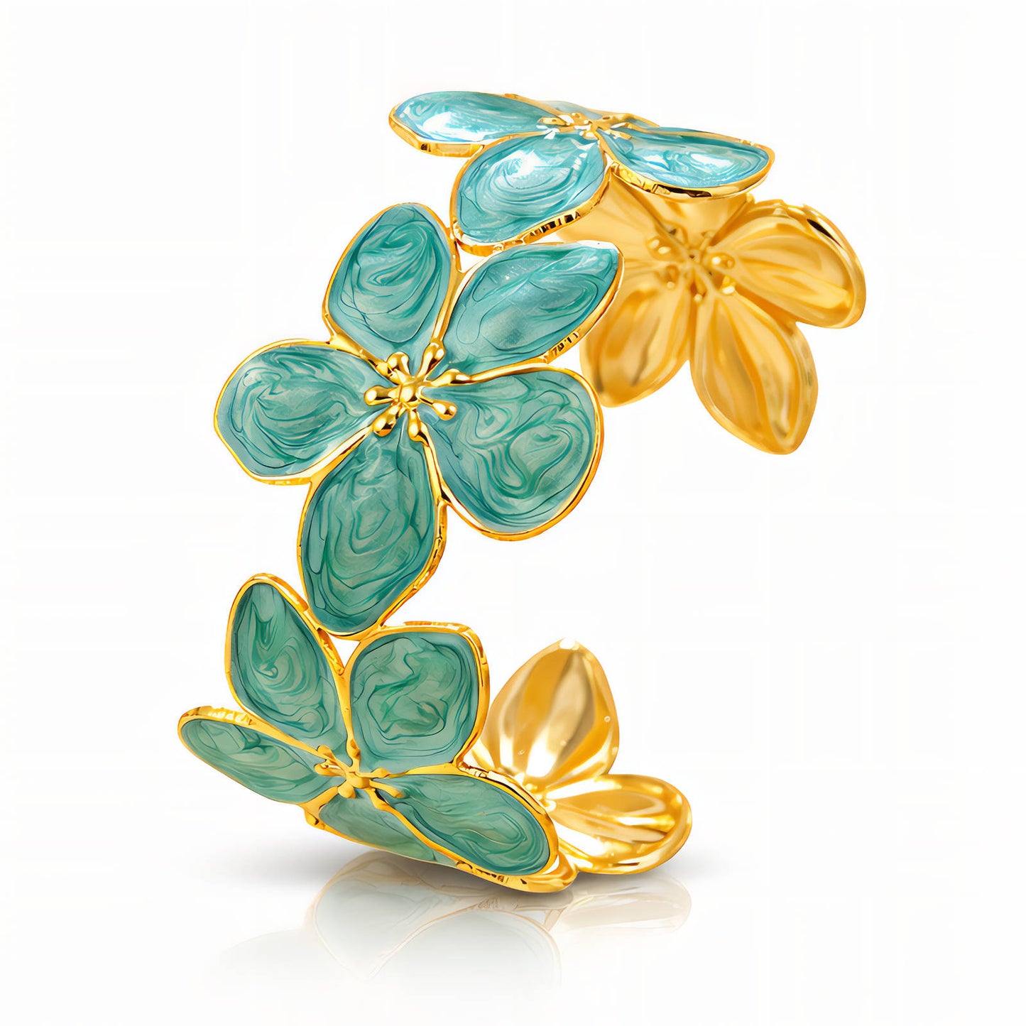 Gold Enamel Flower Cuff Bracelet Turquoise Floral Bangle